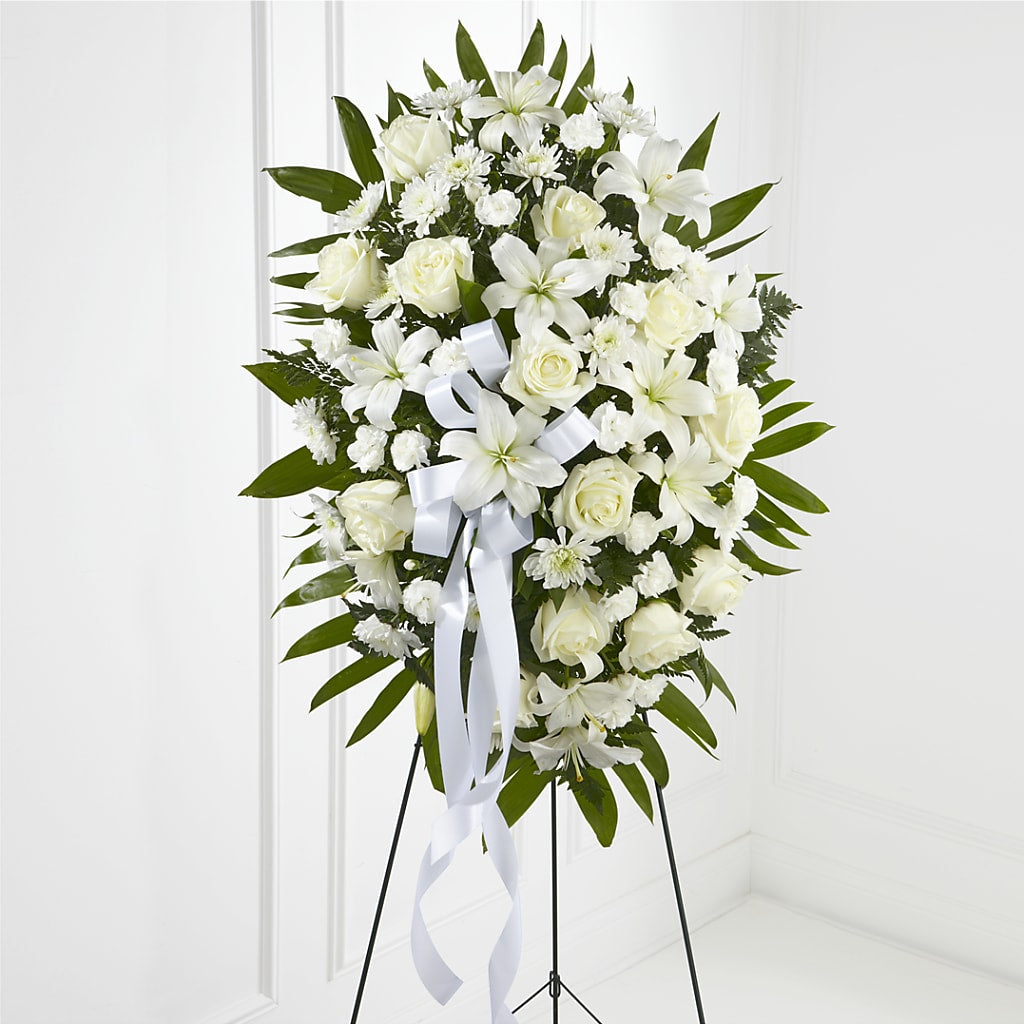 Exquisite Tribute Standing Spray-White Ribbon – COUNTRY HEARTH FLOWER & GIFT SHOP, East Berlin PA