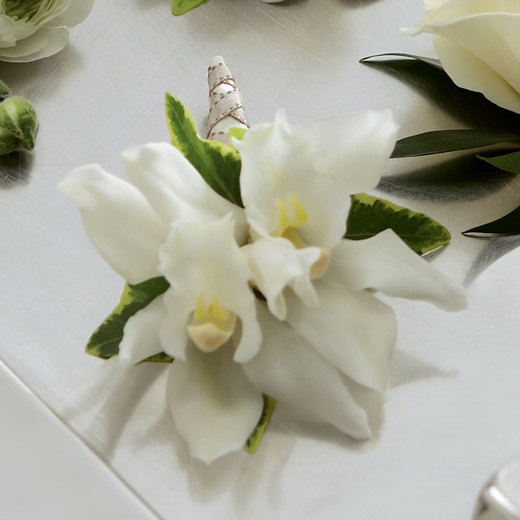 White Mini Cymbidium Boutonniere – COUNTRY HEARTH FLOWER & GIFT SHOP, East Berlin PA