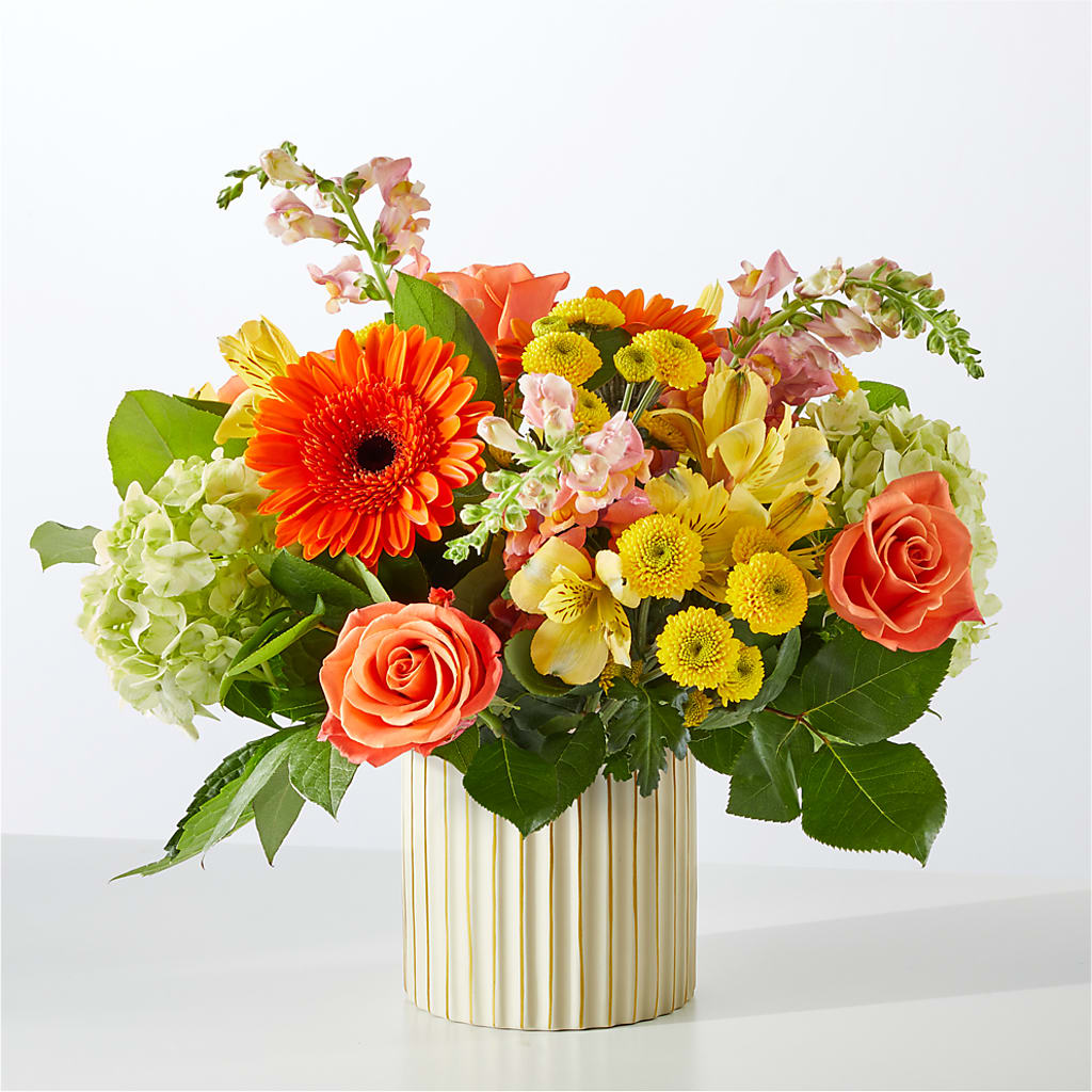 Autumn Sunshine Bouquet with Ivory Vase – COUNTRY HEARTH FLOWER & GIFT SHOP, East Berlin PA