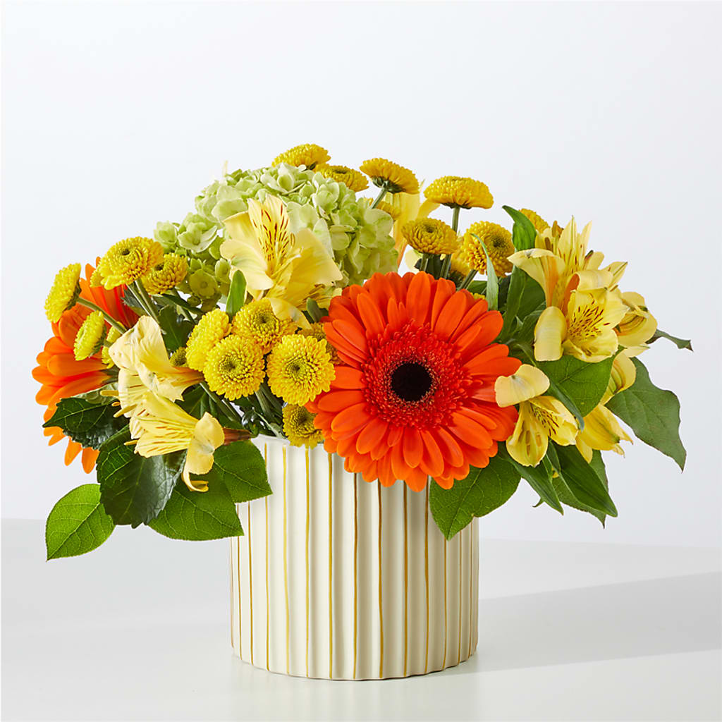 Autumn Sunshine Bouquet with Ivory Vase – COUNTRY HEARTH FLOWER & GIFT SHOP, East Berlin PA
